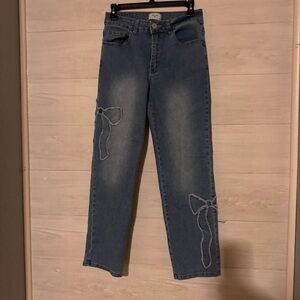 Classic Blue Straight Leg Jeans with Bow Accents